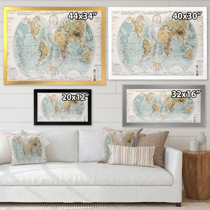 Ancienne carte du monde II - reproduction d'art sur toile, H 30 po x l 40 po x 1,5 po, Encadrement doré