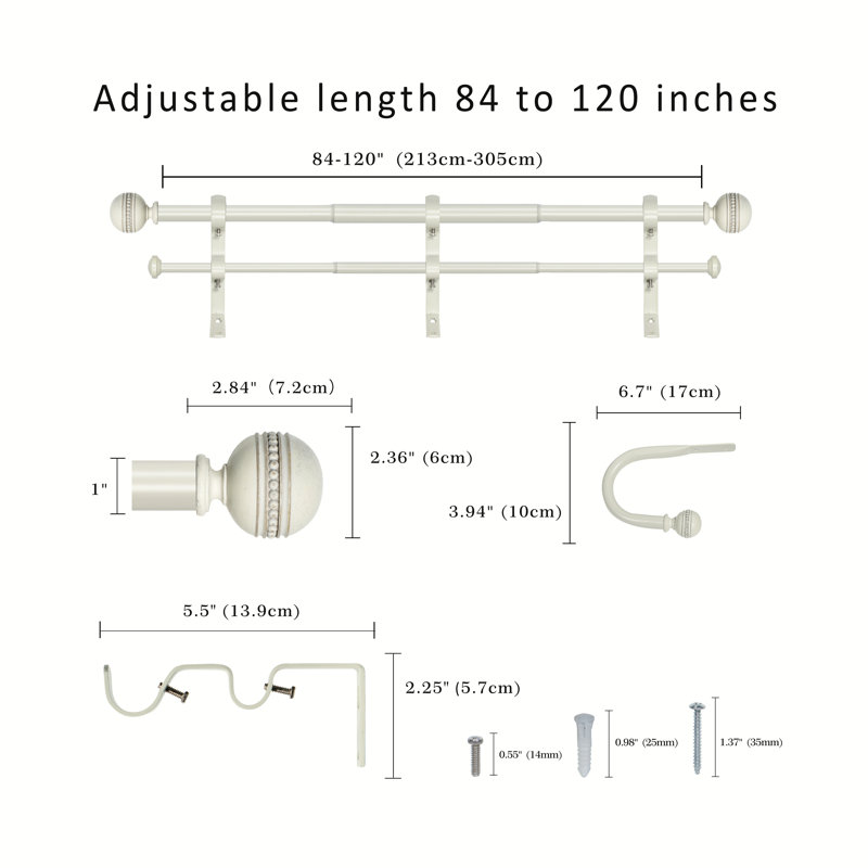 Tringle à rideaux double Camilah, H 2,5 po x l 124 po x P 5,5 po, Blanc