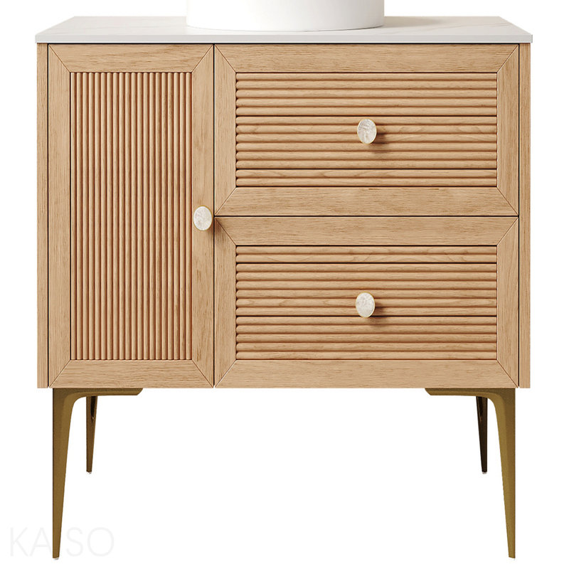 36" Freestanding Bathroom Light Oak Woodgrain Plywood Cabinet With Carrara White Sintered Stone Counter Top, Two Drawers And One Door, No Basin, No Faucet And Sink Cover