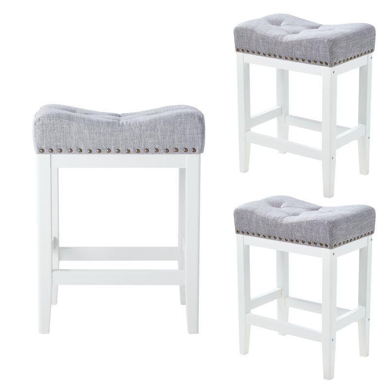 24 Inch Barstools Wood Kitchen Counter Height Bar Island Stools With Saddle Seats Backless Set Of 3 Grey And Brown Leg