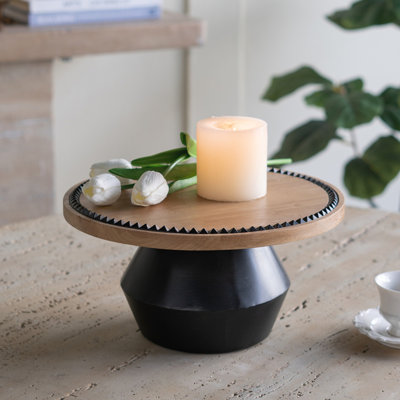 Plateau piédestal rond en bois 12 x 12 x 6 po avec détails noirs et support sculptural