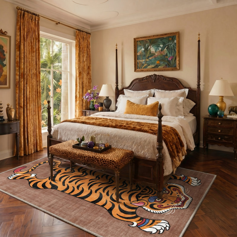 Tapis d'intérieur brun / orange / noir lavable à la machine avec envers antidérapant Tigris, Rectangle 9 pi x 12 pi