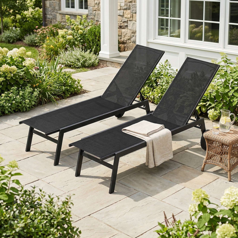 All-Weather Patio Chaise Lounge Chair, Built-In Convenient Moving Wheels & 6-Level Adjustable Backrest, Breathable Fade-Resistant Fabric Suitable For Poolside, Backyard