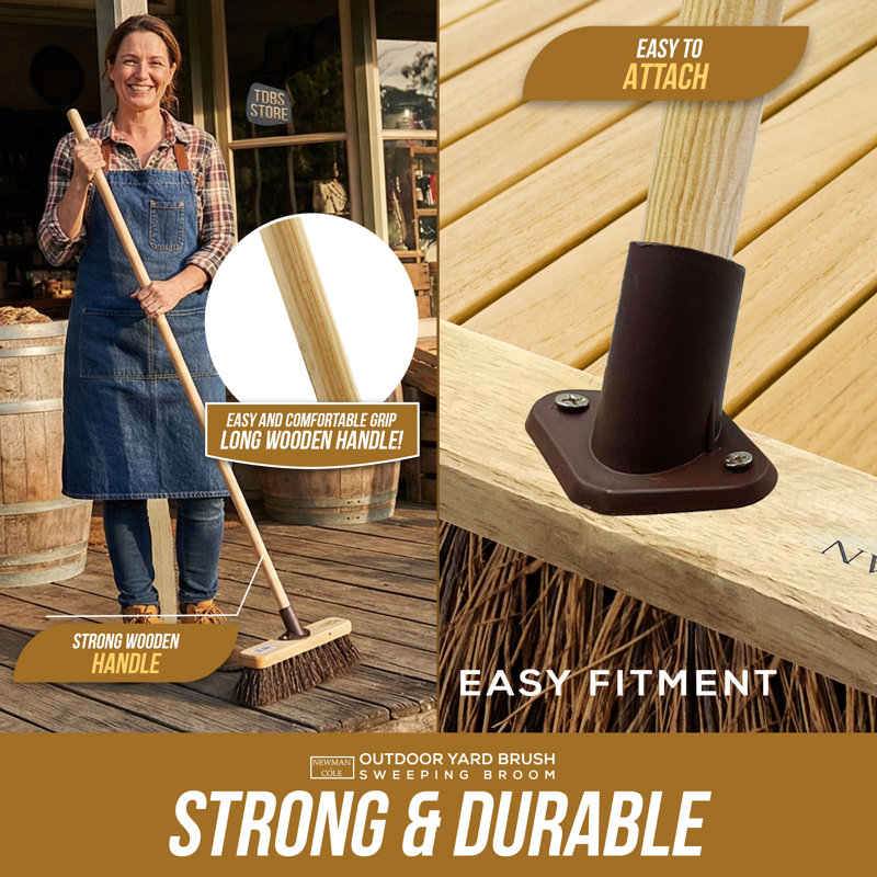 10'' Outdoor Broom Yard Brush with Stiff Natural Bassine Bristles for Patios and Garden