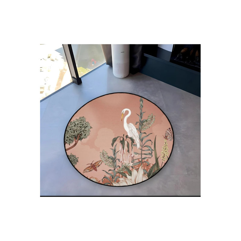 Powder Theme Stork And Flower Patterned Round Woven Base Modern Decorative Carpet, Round 5'