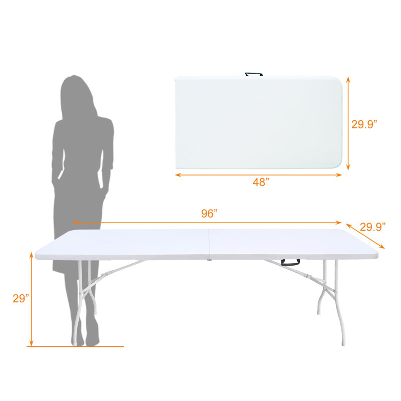 Table pliante portative 8 pieds, plateau en plastique blanc avec cadre en fer pour le camping et les événements, White