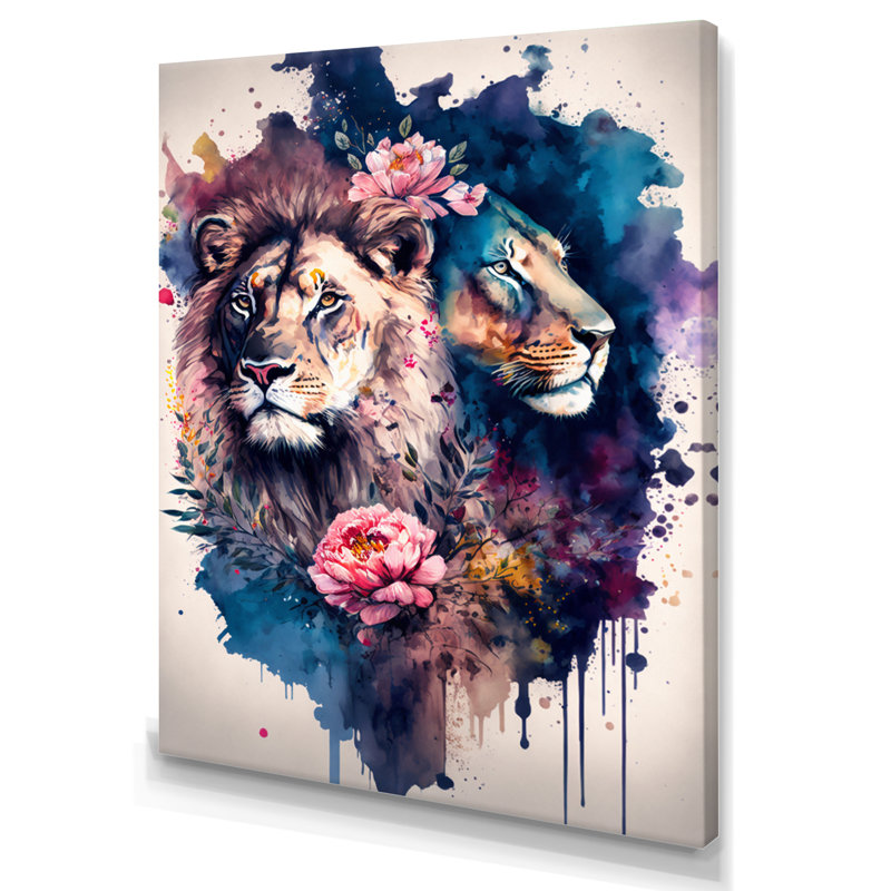 «Cute Lions Floral Art I», peinture sur toile, H 32 po x l 16 po x P 1 po, Toile tendue