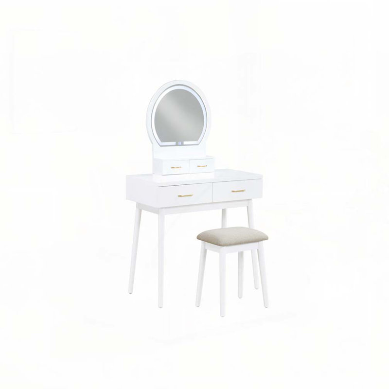Beautiful White Finish Vanity Dresser with Mirror and Stool Set Storage Drawers Luxury Furniture 1pc LED Mirror, White