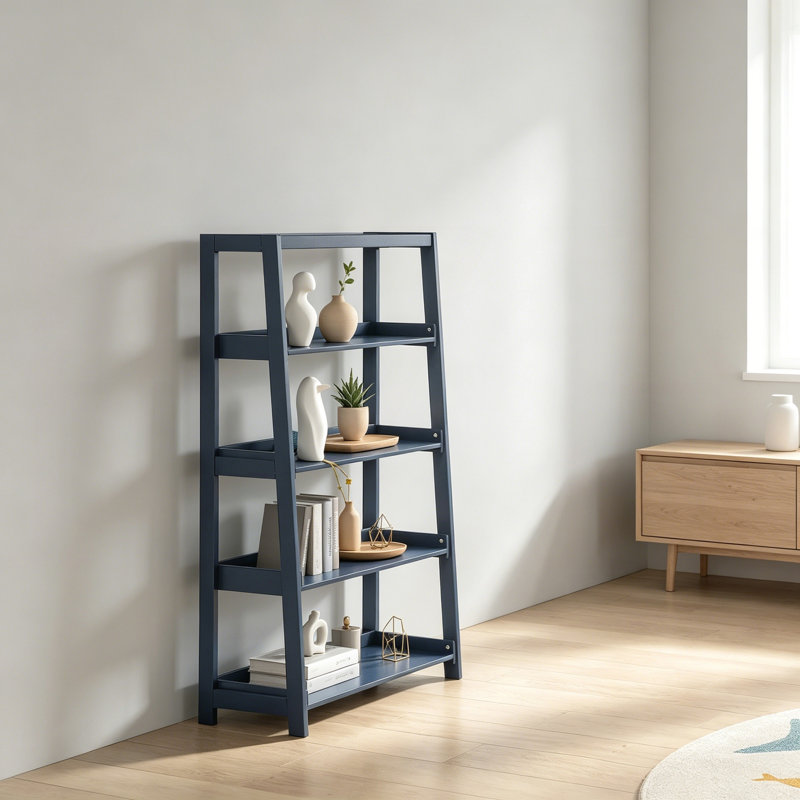 Bibliothèque moderne moderne, 4 tablettes, finition bleue élégante, présentoir en bois, 1 pièce, Marine