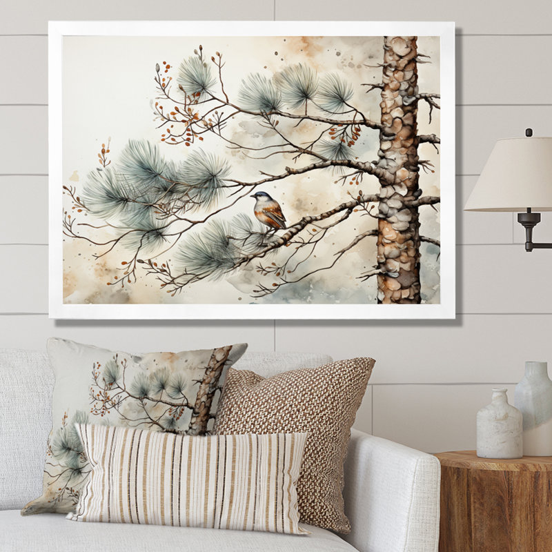 Décoration murale oiseau sur pin II, H 24 po x l 32 po x P 1 po, Cadre simple blanc