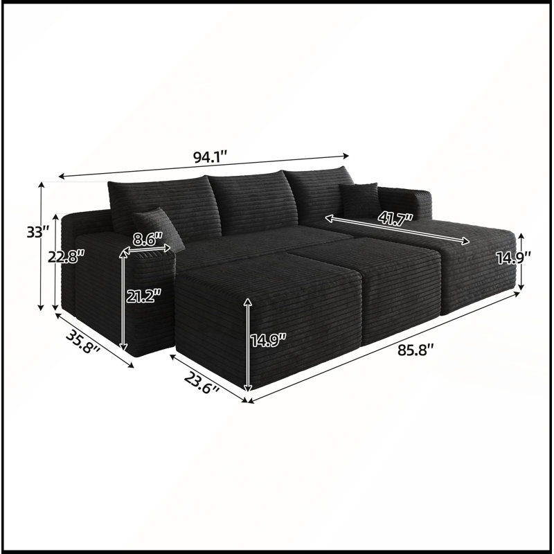 Canapé modulaire 95 avec 2 repose-pieds en forme de U dans un coin profond sans assemblage requis, Right Hand Facing