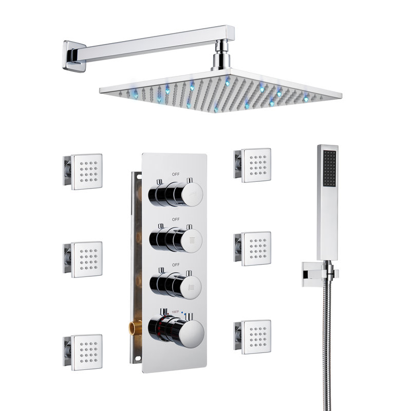 Système de douche thermostatique à 3 fonctions avec 6 jets de corps et valve brute, Chrome