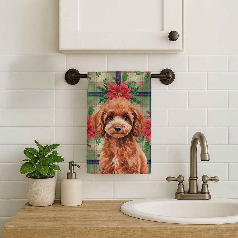 Miniature Red Poodle Christmas PoinsettIas Kitchen Towel, Miniature Red Poodle