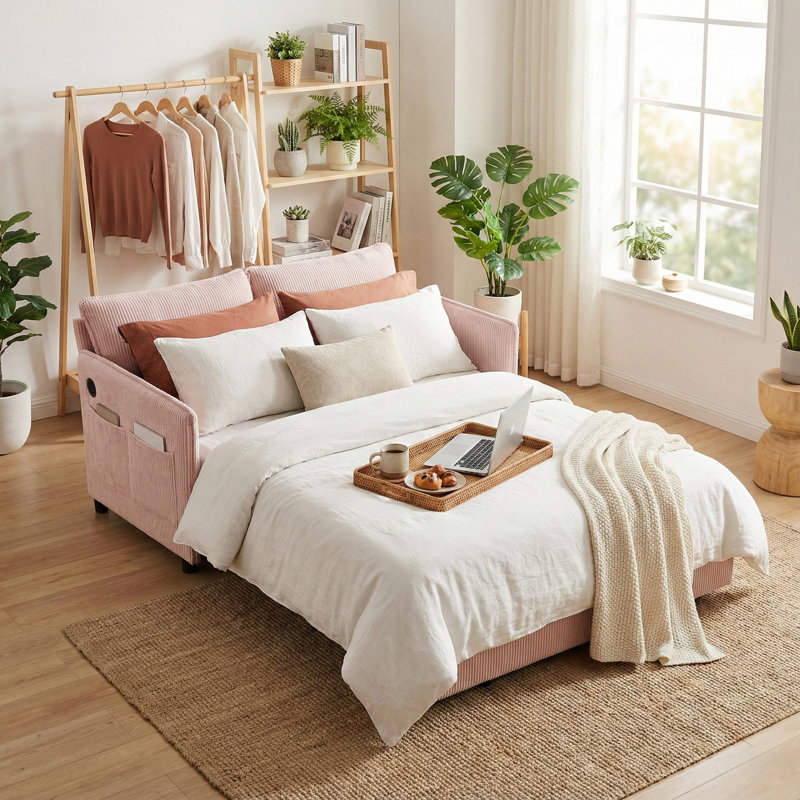 Canapé-lit convertible double, canapé-lit escamotable de 55,38 po, Rose