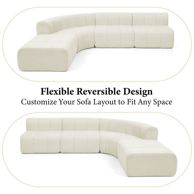 Canapé modulaire à compression avec repose-pieds mobile, revêtement en chenille piquée verticale, coussin en mousse à haute densité, canapé de plancher à bord arrondi