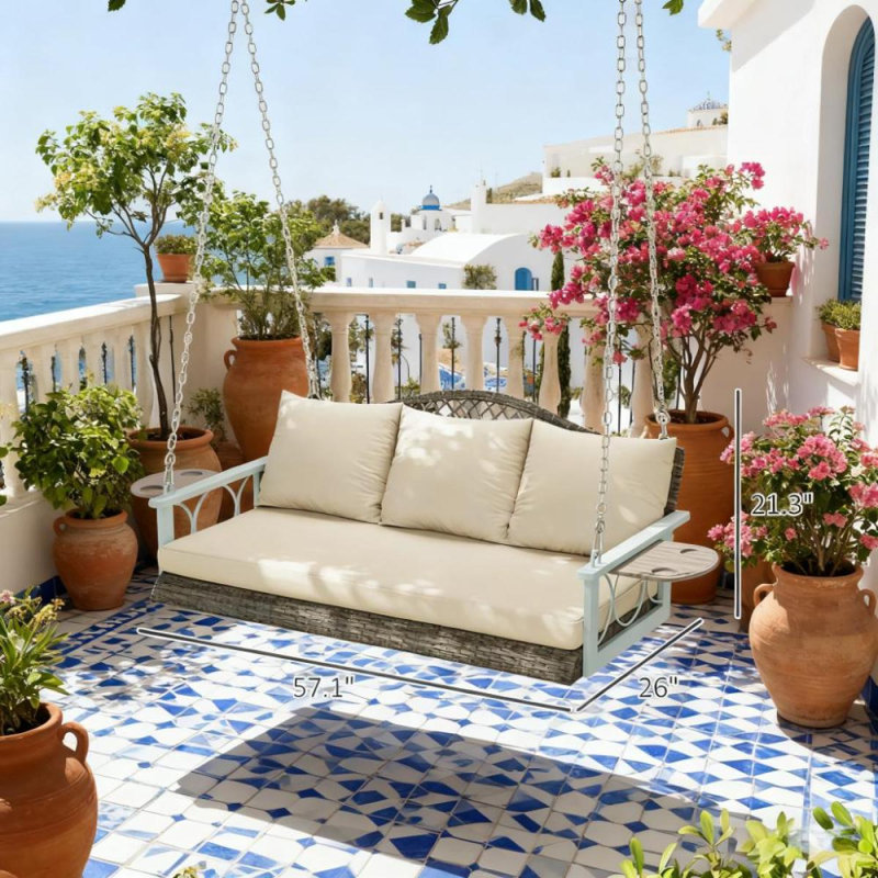 Balancelle d'extérieur pour terrasse avec porte-gobelets et coussins suspendus en osier pour 3 personnes