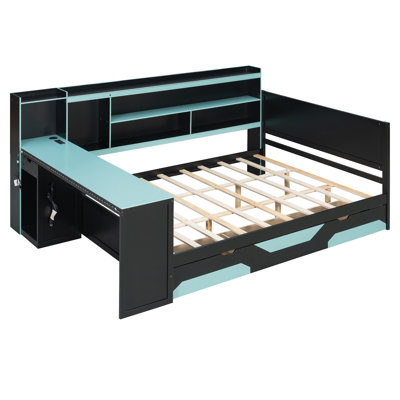 Queen Size Gaming Daybed with Integrated Desk, LED Lights, 3 Storage Drawers, Charging Station, Multi-Functional Headboard, Black+Blue