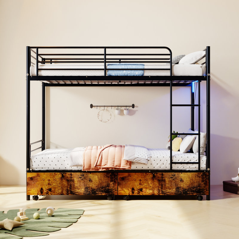 Lit superposé avec station de charge USB, capable de se séparer, lit superposé en métal, espace de rangement, lit avec barrière de sécurité et échelles, aucun sommier nécessaire