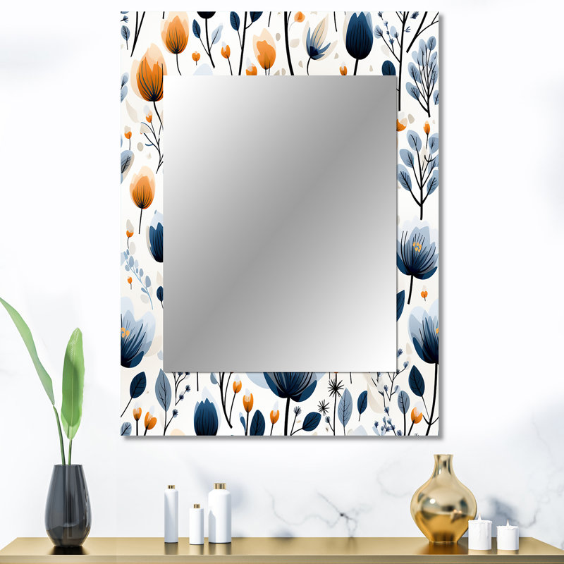 Celissa Cottage Blue And White Floral Bloom Pattern - Floral Unique Wall Mirror, Cottage Mirror, Printed Metal Art, 40" x 30"