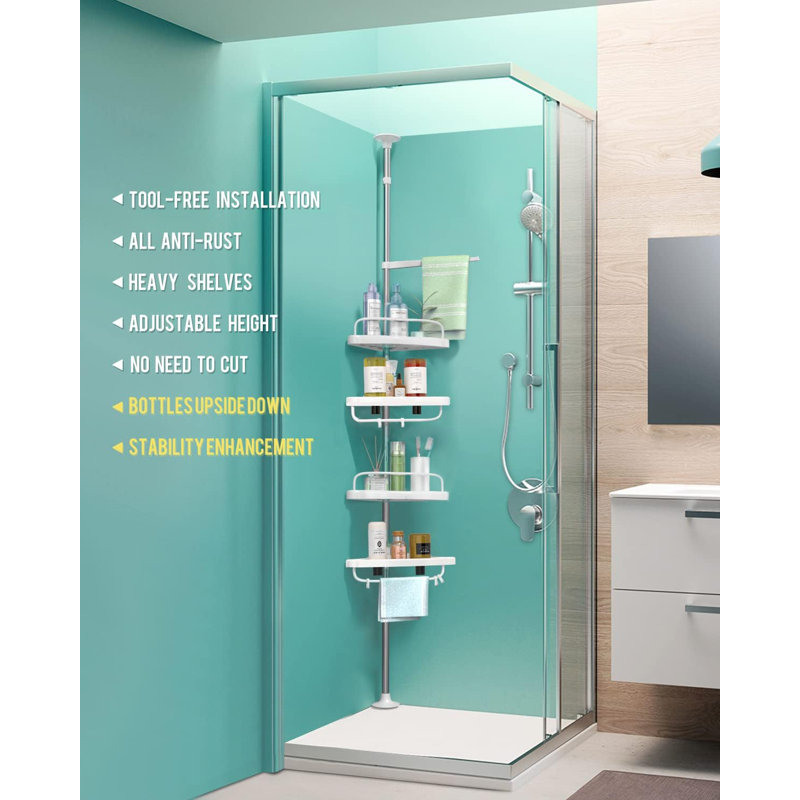 Serviteur de douche en coin 4 couches, tablette de douche réglable, organisateur de poteau en acier inoxydable à tension constante, antirouille de 3,3 à 9,8 pi