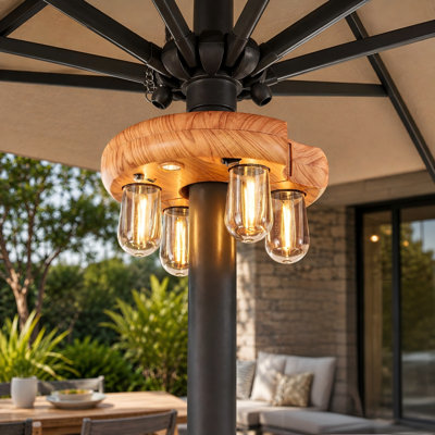 Rechargeable Wood-Grain Patio Umbrella Pole Light with Remote Control, Cordless LED Edison Bulbs and 10 Brightness Levels for Garden, Patio, Backyard, Camping or BBQ, 1 Pack