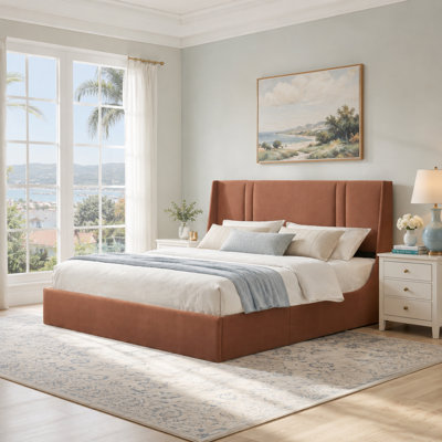 41.7" Velvet Curved Wingback King Bed Frame with Hydraulic Lift, No Box Spring Needed, Ocher