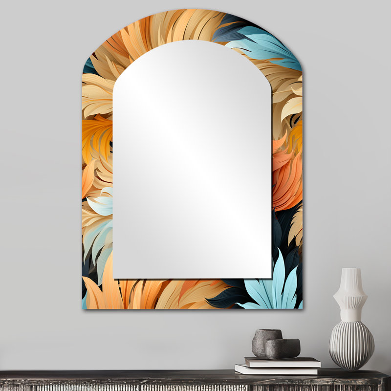 «Earthy Tones Boho Inspire Feather», miroir mural décoratif asymétrique floral, miroir en arc de campagne, impression sur métal