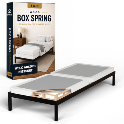 Box Spring Bed Base Twin Size, 2-Inch Wood Foundation – Quiet Noise Free, 2-Pieces Under Mattress-Support Boxspring, Fully Assembled, White