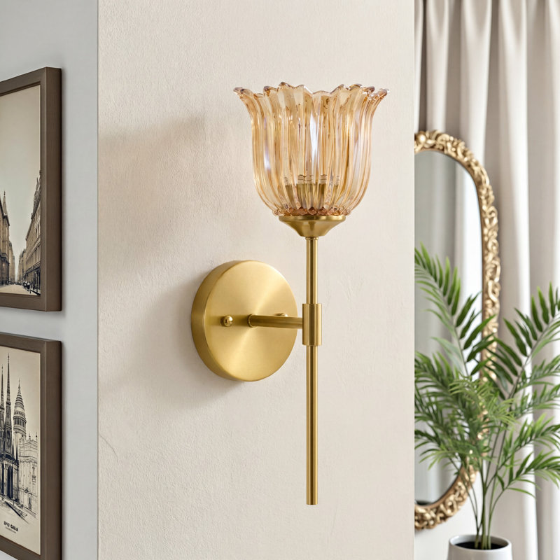 1-Light Iron Armed Gold Wall Sconce With Floral Tulip Petal Amber Glass Shade, Amber