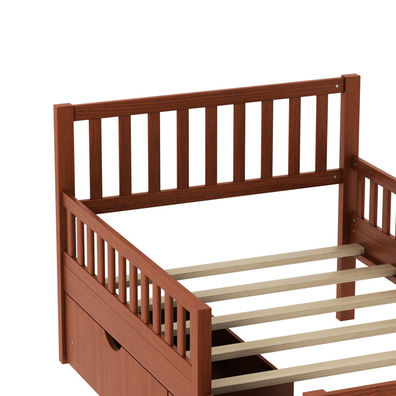 Lit plateforme simple en bois de pin noyer avec garde-corps de chaque côté et deux grands tiroirs de rangement, finition à surface lisse, fabrication robuste, 8 lattes en bois massif, option pour économiser de l'espace dans la chambre à coucher,