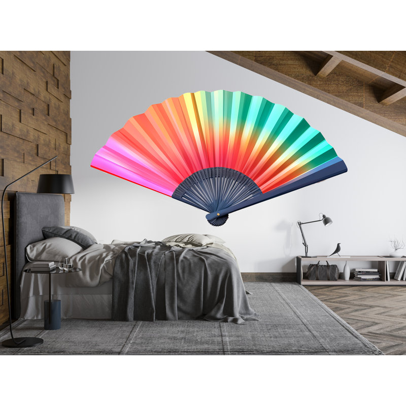 Grand fan coloré autocollant mural arc-en-ciel, art japonais, décor de ventilateur, autocollant mural moderne, dégradé de vinyle, 226GM