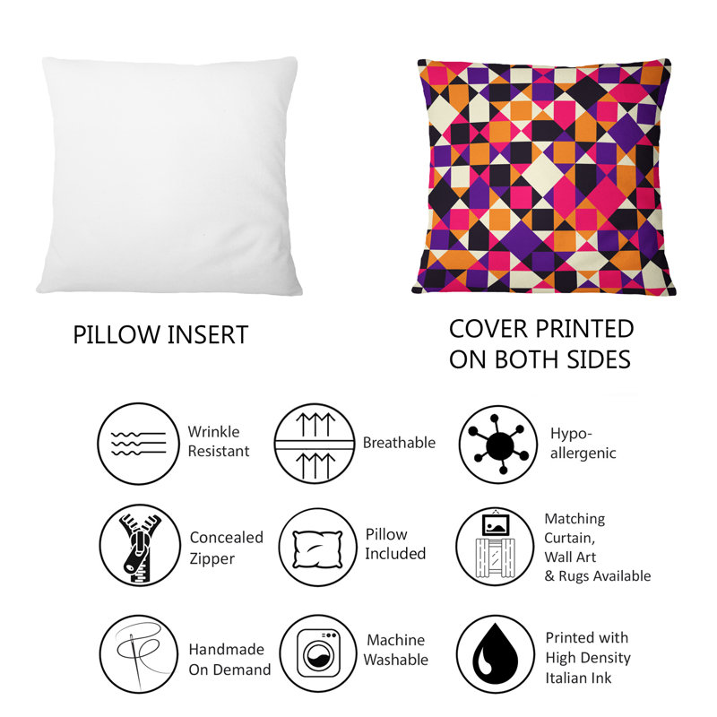 Coussin décoratif à motif géométrique noir et rouge et mauve