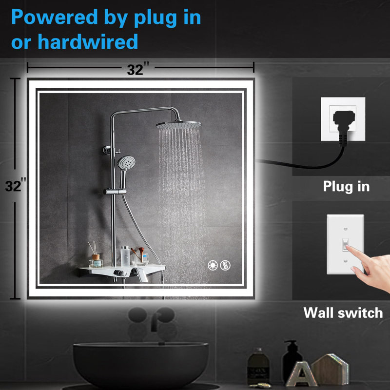 Miroir de salle de bain avec lumières DEL à intensité variable 3 couleurs de miroir de salle de bain, 32 po x 32 po, Carrée