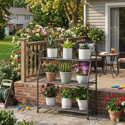 Support à plantes à 3 niveaux, étagère à plantes en métal pour l'intérieur et l'extérieur, support à fleurs imperméable