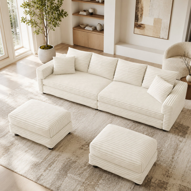 Canapé en velours côtelé 102,4 po Ramspoth, Beige et blanc
