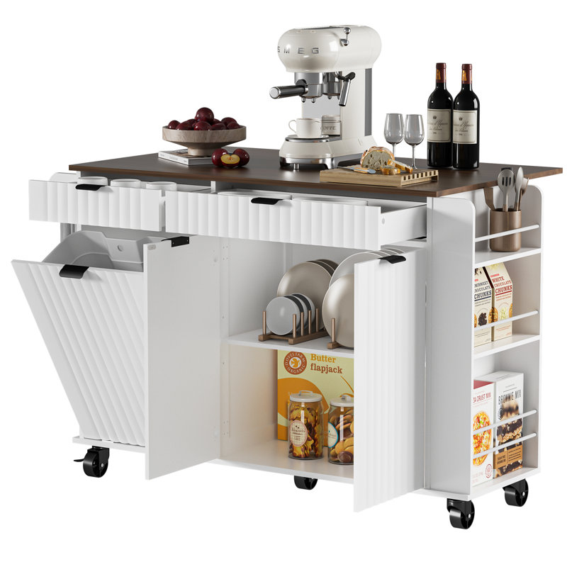 47" Kitchen Island With Wavy Door, Hidden Trash Storage & Drop-leaf Countertop, Rolling Kitchen Cart With Spice Rack, Drawers And Locking Wheels, Mobile Island Table For Kitchen