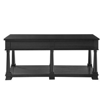Farmhouse Wooden Coffee Table with 2 Storage Drawers & Lower Open Shelf, Rectangular Cocktail Table with Solid Wood Legs for Living Room