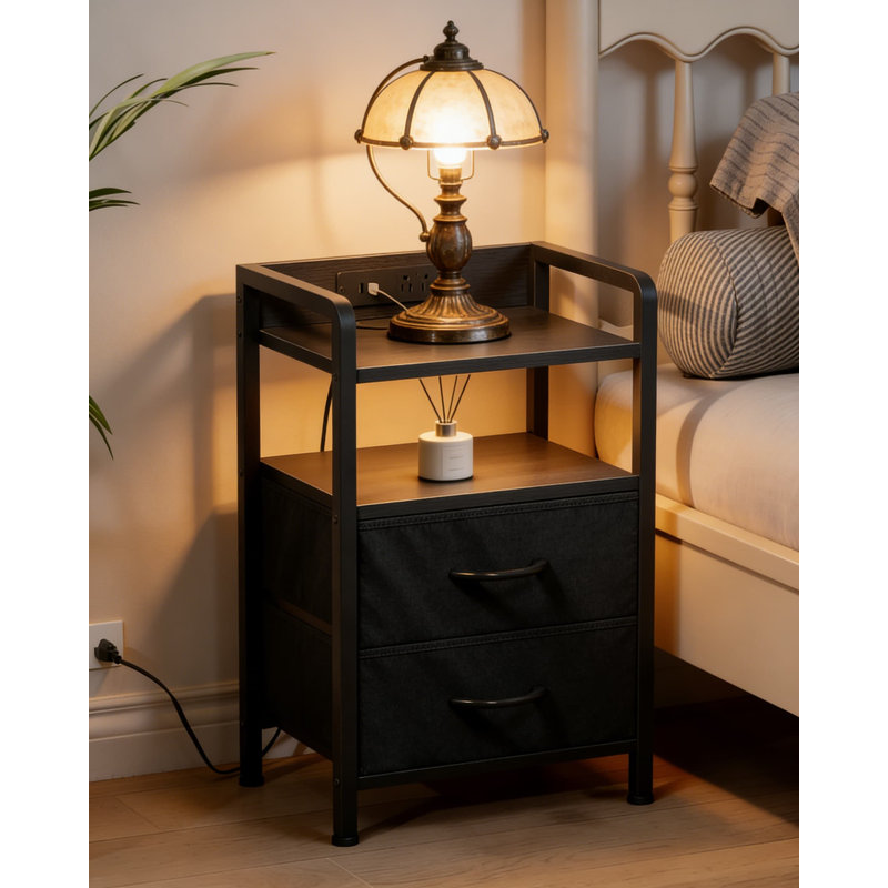 Table de chevet intelligente à DEL avec station de charge - Table de chevet moderne avec ports USB, prises CA, 2 tiroirs en tissu, tablette de rangement et éclairage ambiant contrôlé par une application