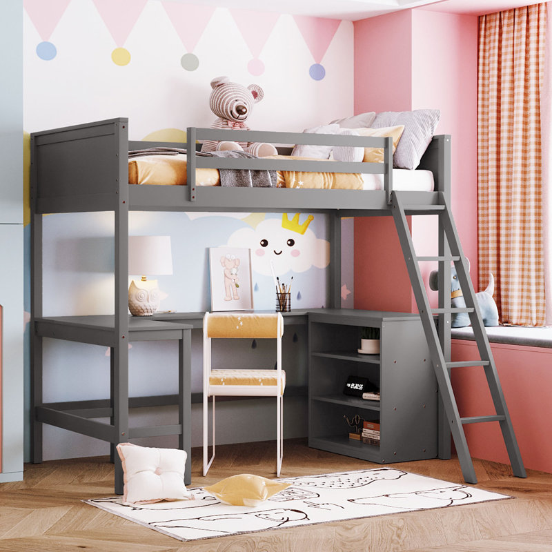 Lit mezzanine moderne avec bureau intégré et tablettes de rangement, Simple, Gris