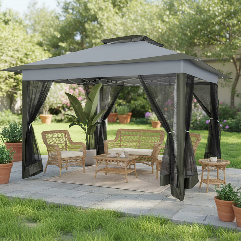 12x12 Outdoor Pop Up Canopy with Mosquito Netting Patio Tent, Dark Gray