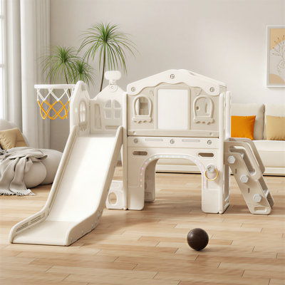 Glissoire 11 en 1 pour tout-petits, glissade intérieure pour tout-petits de 1 à 3 ans, aire de jeux intérieure pour tout-petits avec planche à dessin, anneau à lancer, panier de basketball et rangement
