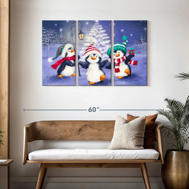 Trois pingouins avec arbre de Noël, H 28 po x l 45 po