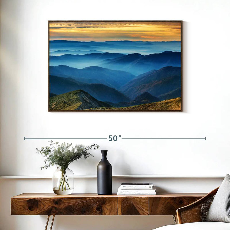 Paysage de montagne apaisant, 37 po x 25 po, Cadre flottant noyer