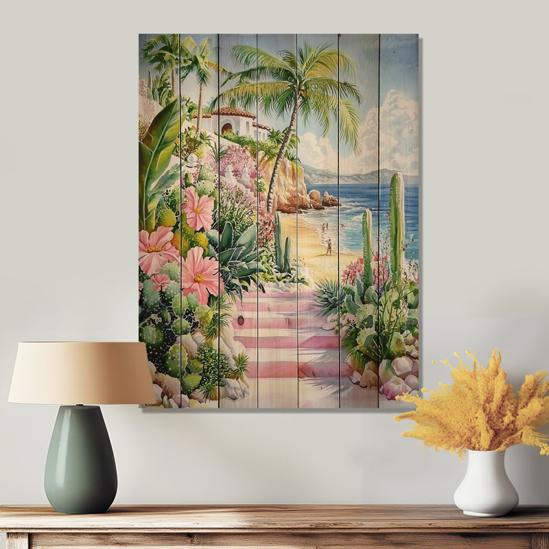 Scène de plage mexicaine à Tulum II - Mexique, paysage, art mural sur bois de pin naturel, H 32 po x l 24 po