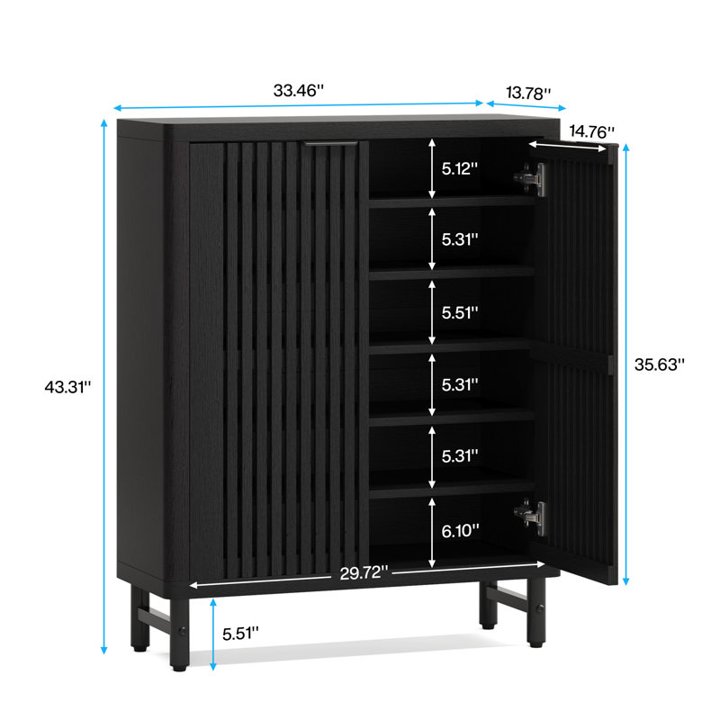 24 Pair Walnut Shoe Storage Cabinet with Louvred Doors, Black