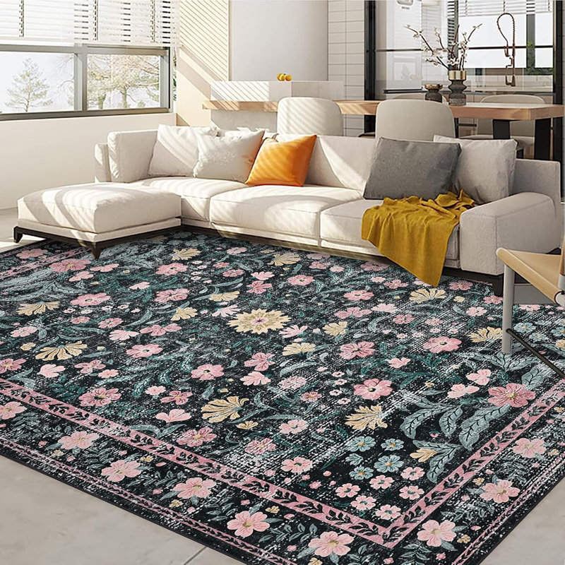 Floral Low Pile Runner Rug – Machine Washable, Non-Slip, Lightweight Hallway, Kitchen & Bedroom Carpet, Vintage Distressed Area Rug for Home Decor