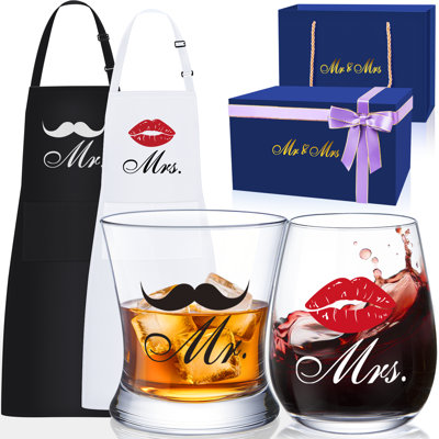  Wedding Engagement Gifts for Couples, Bridal Shower Gift for Bride and Groom Newlyweds, Anniversary Mr and Mrs Whiskey Wine Glasses Set with Appron