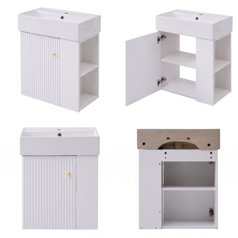 Meuble-lavabo flottant moderne de 21,6 po avec lavabo en céramique et rangement droit, assemblage requis, robinet et drain exclus