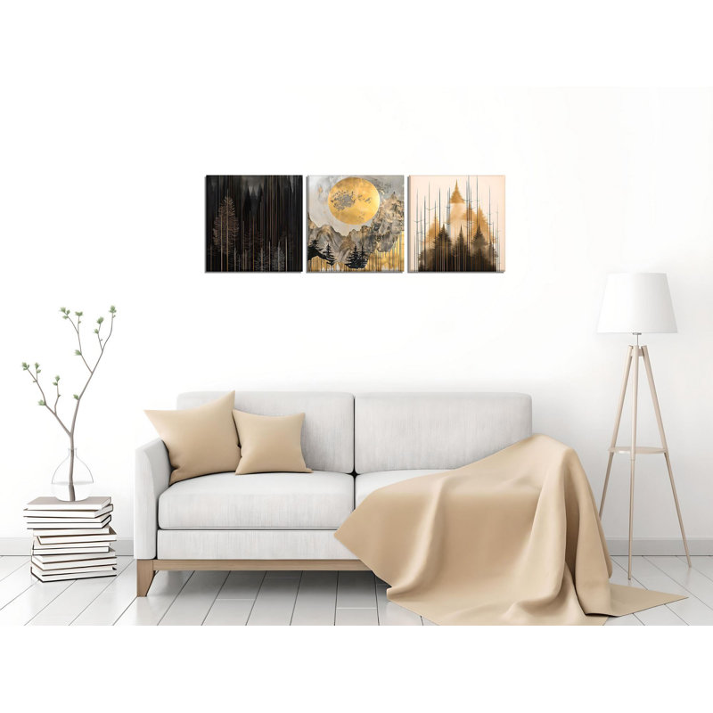 Elegant Decorative Canvas Painting Set (3 Pieces), Gold & Black, 11.8 x 11.8 inches Each | 50% Cotton / 50% Polyester with 100% Wooden Frames (Thickness: 0.8 inches) | Stunning Wall Art for Modern Home Décor