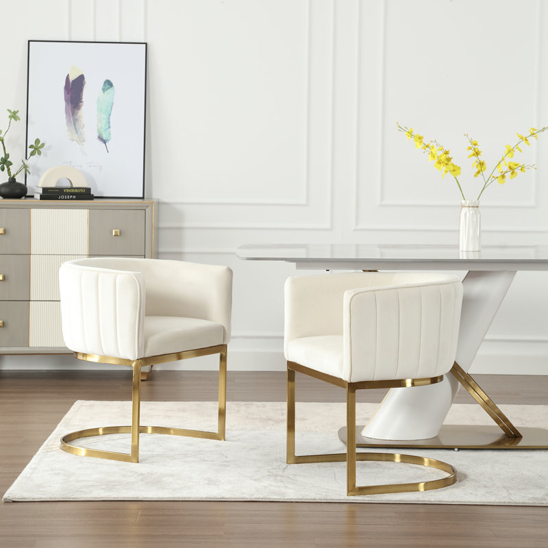 White Velvet Upholstered Side Chair with Gold Metal Frame